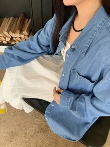 Dazy Plus Plus Size Loose Turndown Collar Long Sleeve Denim Shirt, Spring & Autumn,Jeans Jacket,Fall Women Clothes - Medium Wash - View 8