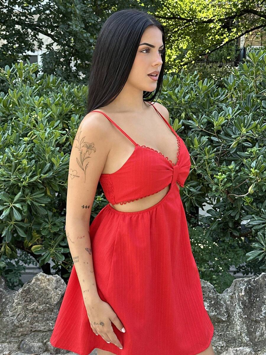 Lucia Bellido WYWH Women's Vacation Hollow Out V-Neck Sleeveless White Dress, Summer Dress - Red - View 1