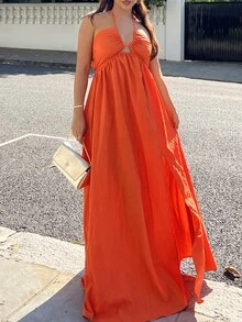 NegzBox 新款春夏休闲假日露背露肩胸围、腰围和后背摆裙，前开叉至大腿，黄色海条纹女式超长连衣裙-B - 橘色 - 查看 5