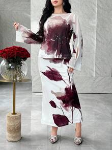 Feyla 2pcs Women Elegant Floral Print Flare Sleeve Top And Mermaid Hem Skirt Set - Multicolor - View 2