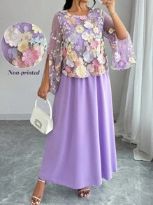 Elenzga Bộ 2 món áo lưới họa tiết hoa 3D thanh lịch cỡ lớn - Màu tím - Xem 1