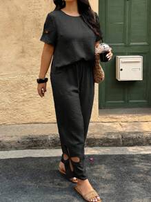 Breezaya Plus Size Women Summer Casual Solid Color Hollow Out Short Sleeve Top And Wide-Leg Pants 2 Pieces Set