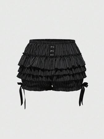 Goth Plus Size Gothic Striped Multi-Layer Ruffle Hem Shorts