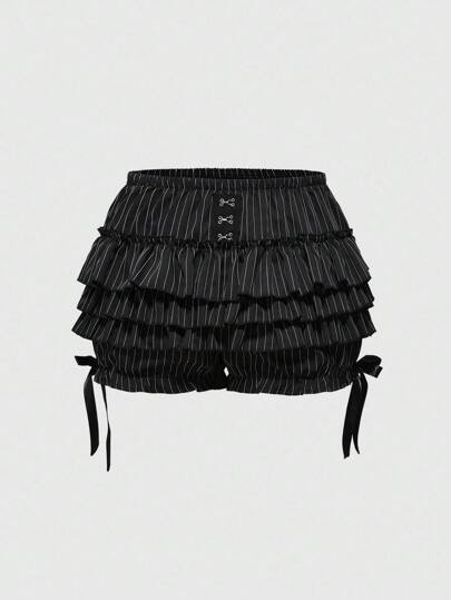 Plus Size Gothic Striped Multi-Layer Ruffle Hem Shorts