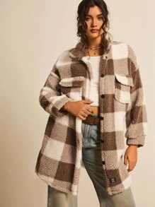 Freevana Double-Sided Fuzzy Plaid Printed Front Button Long Sleeve Plus Size Jacket Winter Clothes Fall Autumn - Khaki - View 6