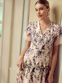 ZEYLAH Women's Elegant Floral Embroidered Dress - Apricot - View 7