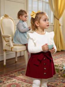 Souflis Souflis Baby Girl Ruffle Trim Tee & Corduroy Belted Skirt