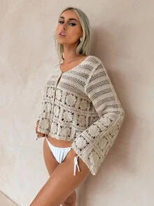 SHEIN Saída de praia feminina de crochê vazado, estilo férias, primavera/outono - Damasco - Ver 4