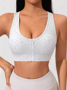 Women Leopard Jacquard Front Zipper Sports Bra