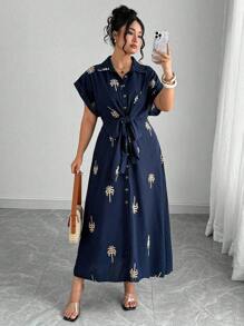 Franclia Robe mi-longue romantique pour vacances en tissu tressé avec broderie, col montant et ceinture à nouer, pour femmes de grande taille