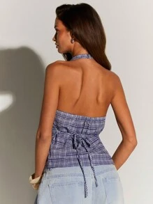 Athîral 女士时尚格子印花露背吊带上衣，适合返校、乡村音乐会和外出穿着 - 藍色 - 查看 2