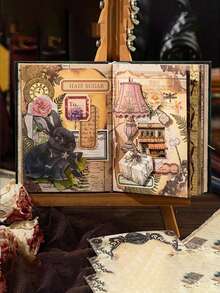 SHEIN 1本剪贴簿，共192页，遥远的歌声系列，复古棕色可写烫印材料书，剪贴簿用品笔记本配件，装饰笔记本垃圾杂志DIY个性化拼贴书 - 彩色 - 查看 6