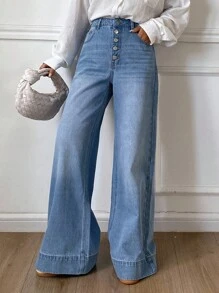 DAZY 女式高腰宽松做旧阔腿牛仔裤 - 藍色 - 查看 1