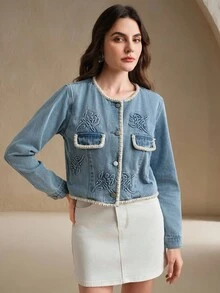Anewsta 女士时尚撞色肩章长袖单排扣铆钉压花牛仔夹克 - 藍色 - 查看 6