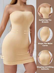 SHEIN 1 chiếc váy liền thân liền mạch cho nữ, váy ngủ không dây định hình eo, kiểm soát bụng - Màu be - Xem 3