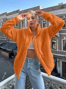 EURMUSE Drop Shoulder Teddy Jacket - Orange - View 3