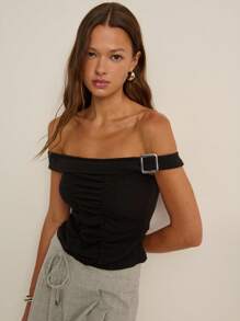 Nöista 露肩上衣，配有可调节金属扣肩带，正面有褶饰 - 藍色 - 查看 4