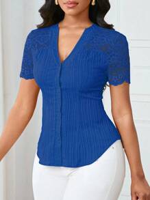 Lunelith SHEIN Lunessa Blusa de manga corta con cuello en V y encaje de contraste, minimalista para uso diario - Azul Marino - Ver 3