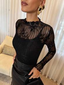 Lavishia Women's Lace Patchwork See-Through Stand Collar Long Sleeve Top ,Halloween Customs Women - Black - View 3