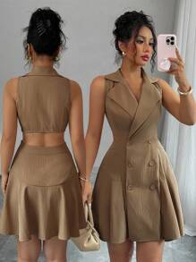 Elenzga فستان صيفي كاجوال للنساء بلون أحادي مزدوج الصدر مفرغ بدون أكمام قصير