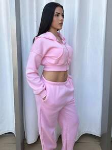 Lucia Bellido Women's Casual Solid Drop Shoulder Loose Zip-Up Cropped Hoodie And Jogger Sweatpants Set - Pink - View 3