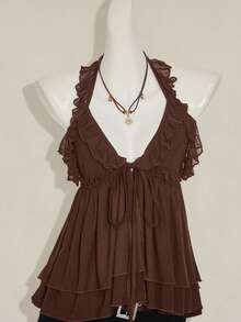 SHEIN ICON Women's Casual Basic Halter Tie Ruffle Hem Double Layer Tank Top Brown Ruffle Top - Brown - View 7