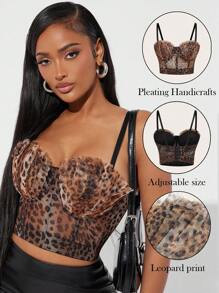 SHEIN SXY 豹纹网眼褶皱吊带背心，内置胸罩，休闲，街头，夜店，派对，适合春夏季 - 彩色 - 查看 3