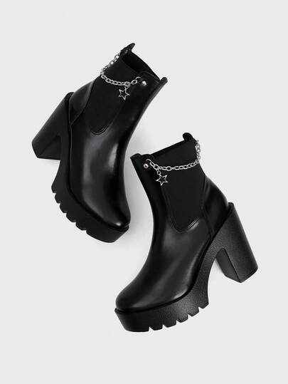 Sugerpunk Women's Gothic Metal Chain Round Toe Chunky Heel Platform Punk Boots, PU Leather Black High Heel Boots Suitable For Party, Daily Wear, Evening Dress, Height Increasing And Leg Lengthening