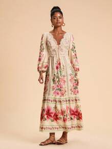 Travachic 女式度假花卉印花蕾丝拼布荷叶边褶皱长袖连衣裙 - 彩色 - 查看 6