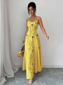 Elenzga Women's Elegant Floral Print Dress - Yellow - View 4