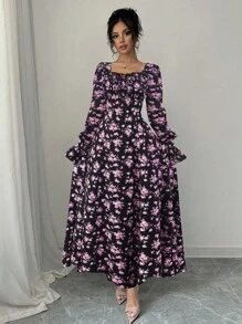 Rafferiza Elegant Floral Print Square Neck Dress With Ruffle Trim, Ruffle Sleeve, Pearl Button Decor, Suitable For Spring & Autumn Maxi Women Outfit Autumn Dress Fall Cloth For Women - Pink - View 3