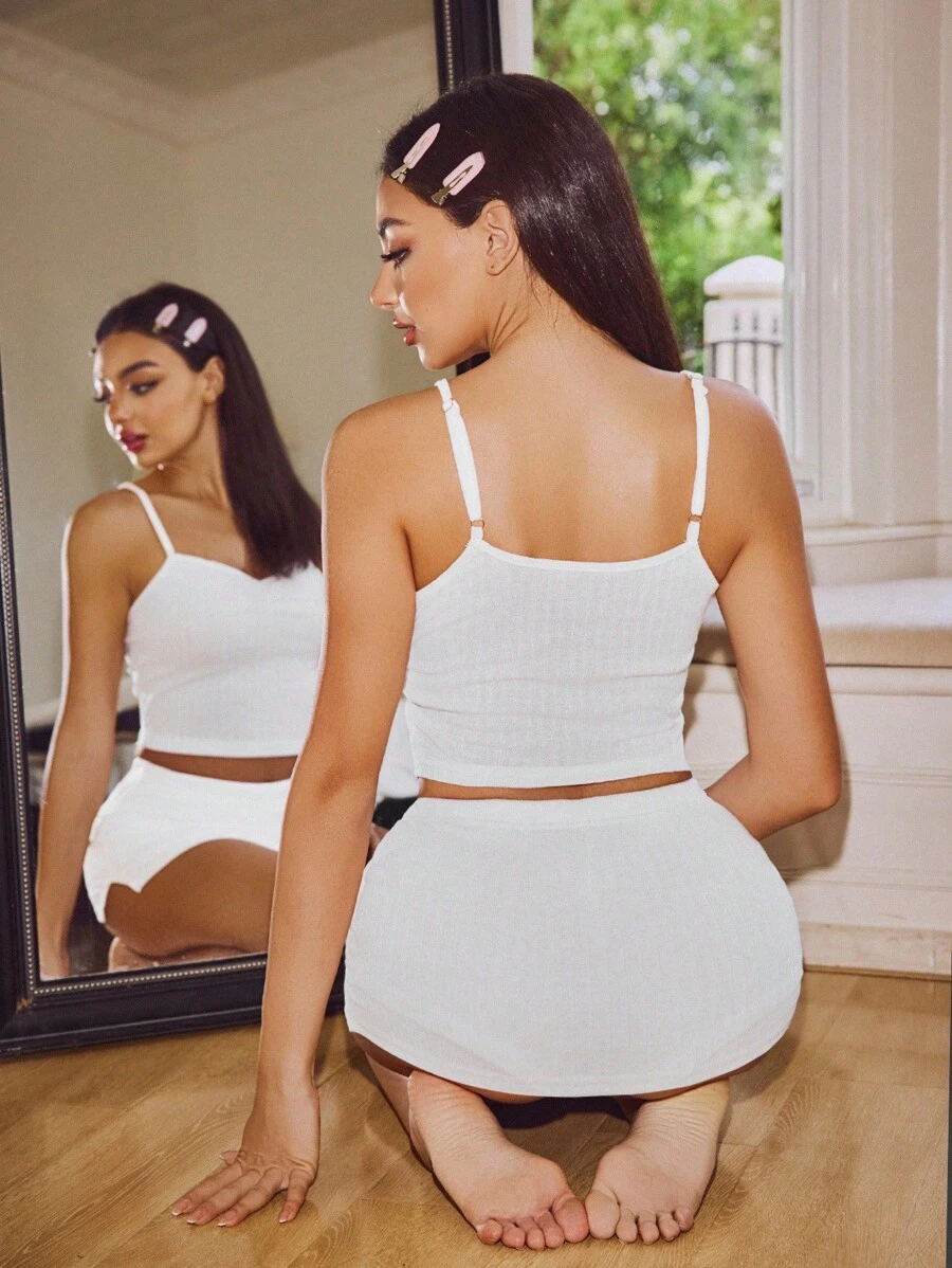 SHEIN Women's Solid Color Camisole & Shorts Pajama Set - White - View 1
