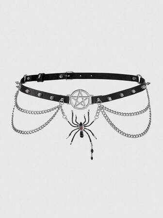 Grunge Punk 1pc Women's Black Spiked Double Chain Water Crystal Spider Decor Goth Waist Belt, Versatile Accessory For Halloween And Daily Wear