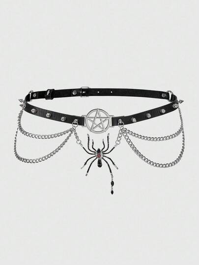 Grunge Punk 1pc Women's Black Spiked Double Chain Water Crystal Spider Decor Goth Waist Belt, Versatile Accessory For Halloween And Daily Wear