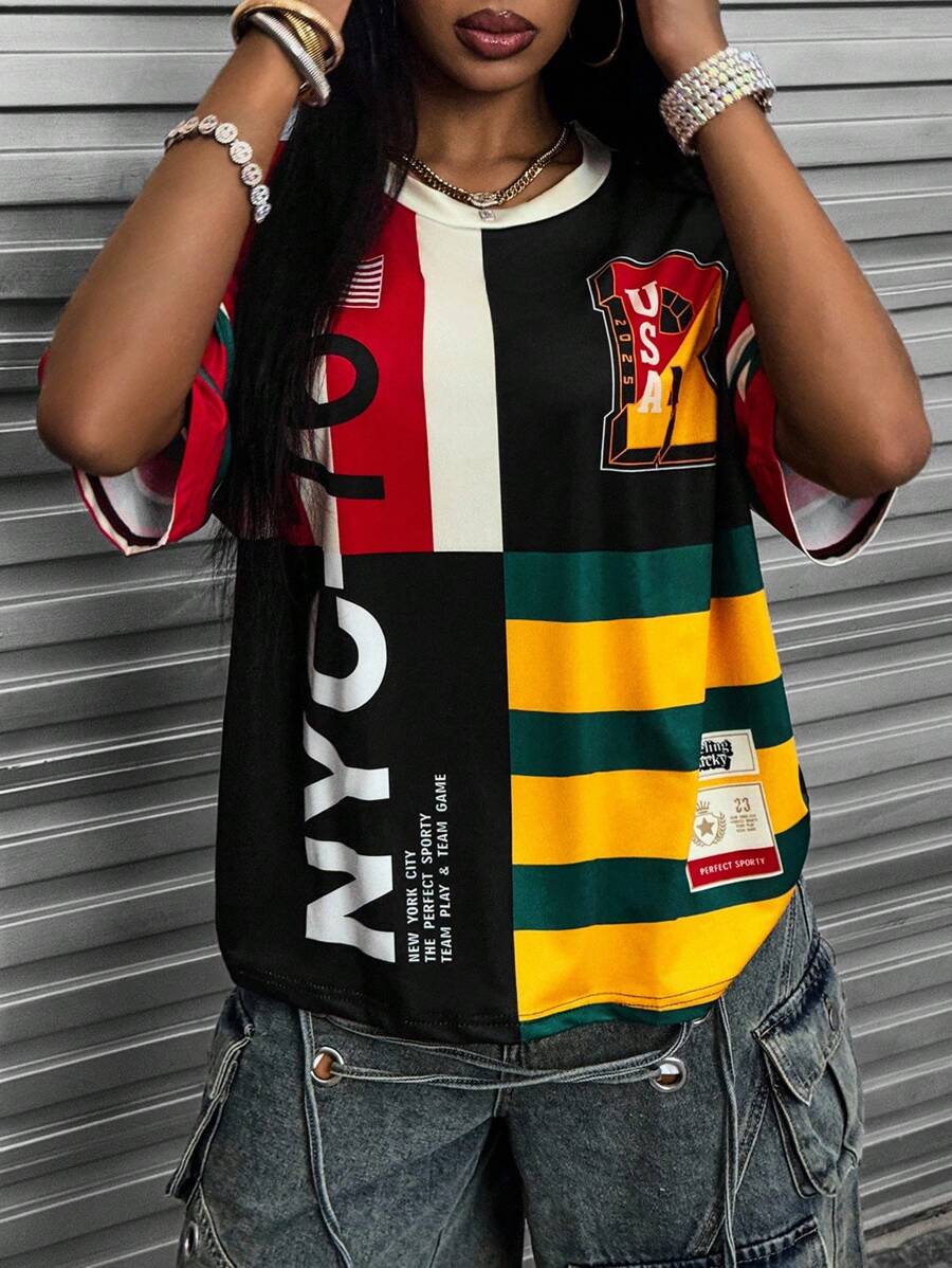 Rovax 夏季时尚条纹运动衫拼接数码印花T恤