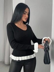 EURMUSE 女士荷叶边下摆罗纹针织 V 领套头衫 - 黑色 - 查看 1