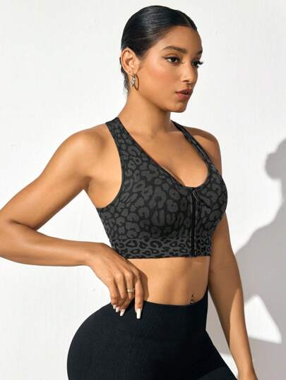 Gameset Sport Women Leopard Print Zipper Front Sports Bra, Everyday Wear view 3