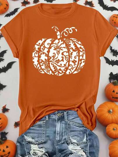 EMERY ROSE Halloween Plus Size Women's Casual Pumpkin Print Round Neck Short Sleeve T-Shirt, Summer