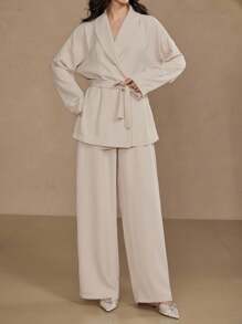 DAZY Conjunto de 2 piezas de chaqueta de manga dolman y pantalones de pierna ancha de unicolor, estilo casual y holgado para mujer - Albaricoque - Ver 4