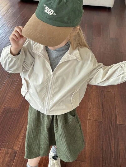 SHEIN 女童纯色休闲春季轻薄拉链外套，秋季休闲外套