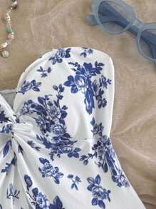 SHEIN Tween 女童休闲花卉印花不对称下摆背心，舒适简约 - 藍色 - 查看 3