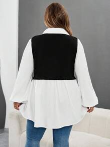 SHEIN CURVE+ Plus Size Casual Color Block Lantern Sleeve 2 In 1 Shirtfall Clothes For Women,Winter,CURVE PLUS - Black and White - View 2