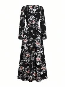 SHEIN Clasi 女式长袖花卉印花斜襟V领连体裤 - 黑色 - 查看 4