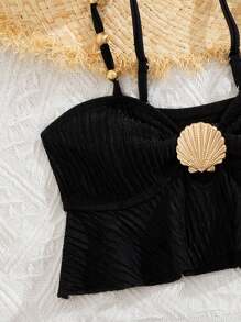 SHEIN Bộ 2 món đồ bơi trơn màu dễ thương cho bé gái đi biển và ngày lễ, mùa hè - màu đen - Xem 6