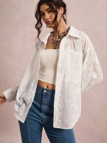 SHEIN VCAY 休闲时尚百搭简约长袖大码女式衬衫，适合返校季教师穿着，刺绣波西米亚风外出上衣，商务休闲机场秋季穿着 - 白色 - 查看 5