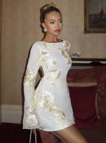 Glamine Charm Apricot Mesh Embroidered Lace-Up Backless Sexy Charm Dress, Romantic Date & Everyday Wear, Elegant Trumpet Sleeve Waist Cinched Floral Print Dress For Ladies - Yellow - View 5