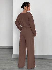 SHEIN EZwear 女士咖啡色斜肩上衣和裤子休闲套装 - 咖啡棕 - 查看 2