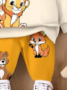 SHEIN 男婴休闲宽松舒适卡通动物可爱风格狮子熊运动图形字母印花涂鸦针织柔软连帽卫衣和裤子套装，适合秋冬季 - 彩色 - 查看 5