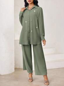 Veilorie 2件套女式纯色长袖串珠衬衫和裤子套装