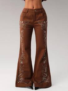SHEIN ICON 女式 Y2K 千禧复古花卉图案水钻装饰低腰修身喇叭裤 - 棕色 - 查看 7